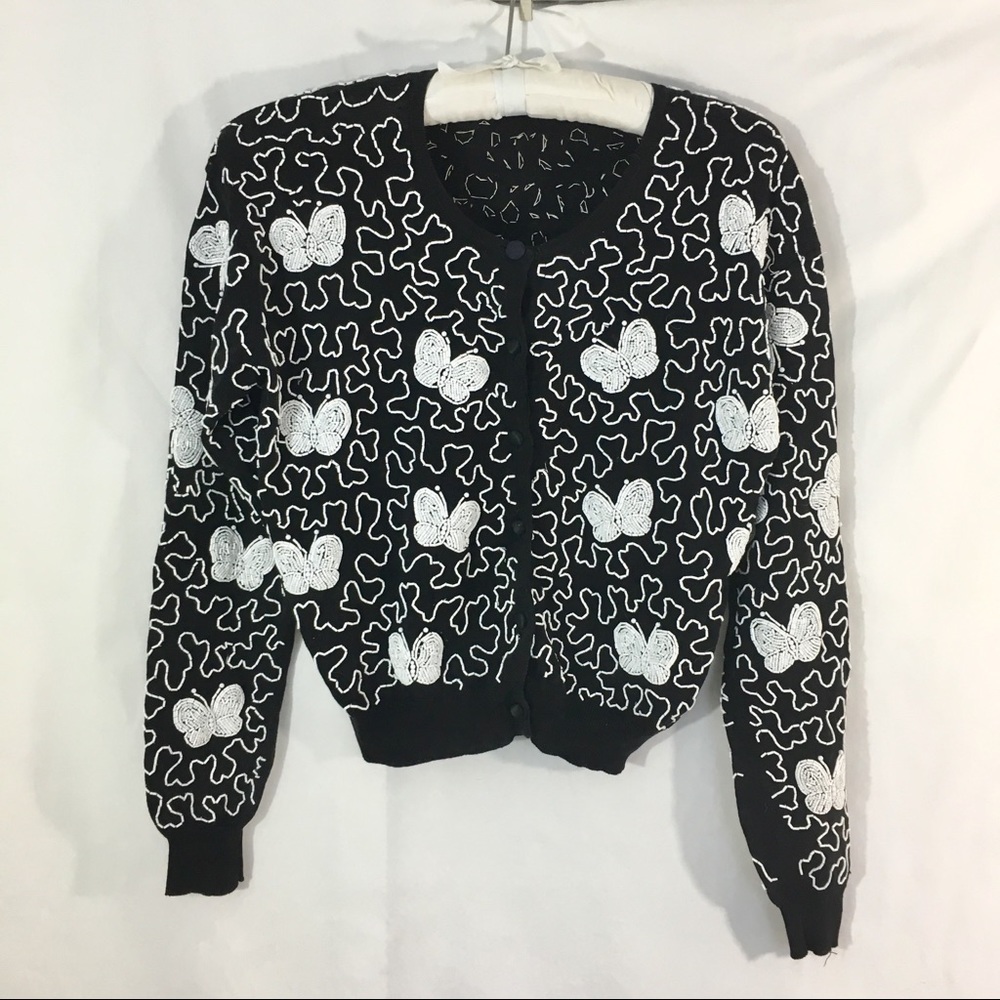 Beaded Butterfly Black Wh Sweater See Measurements